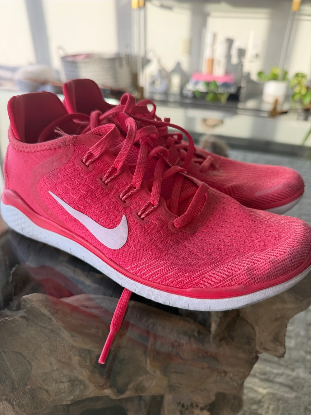 Nike Women's Bright Pink Knit Training Sneakers with White Swoosh